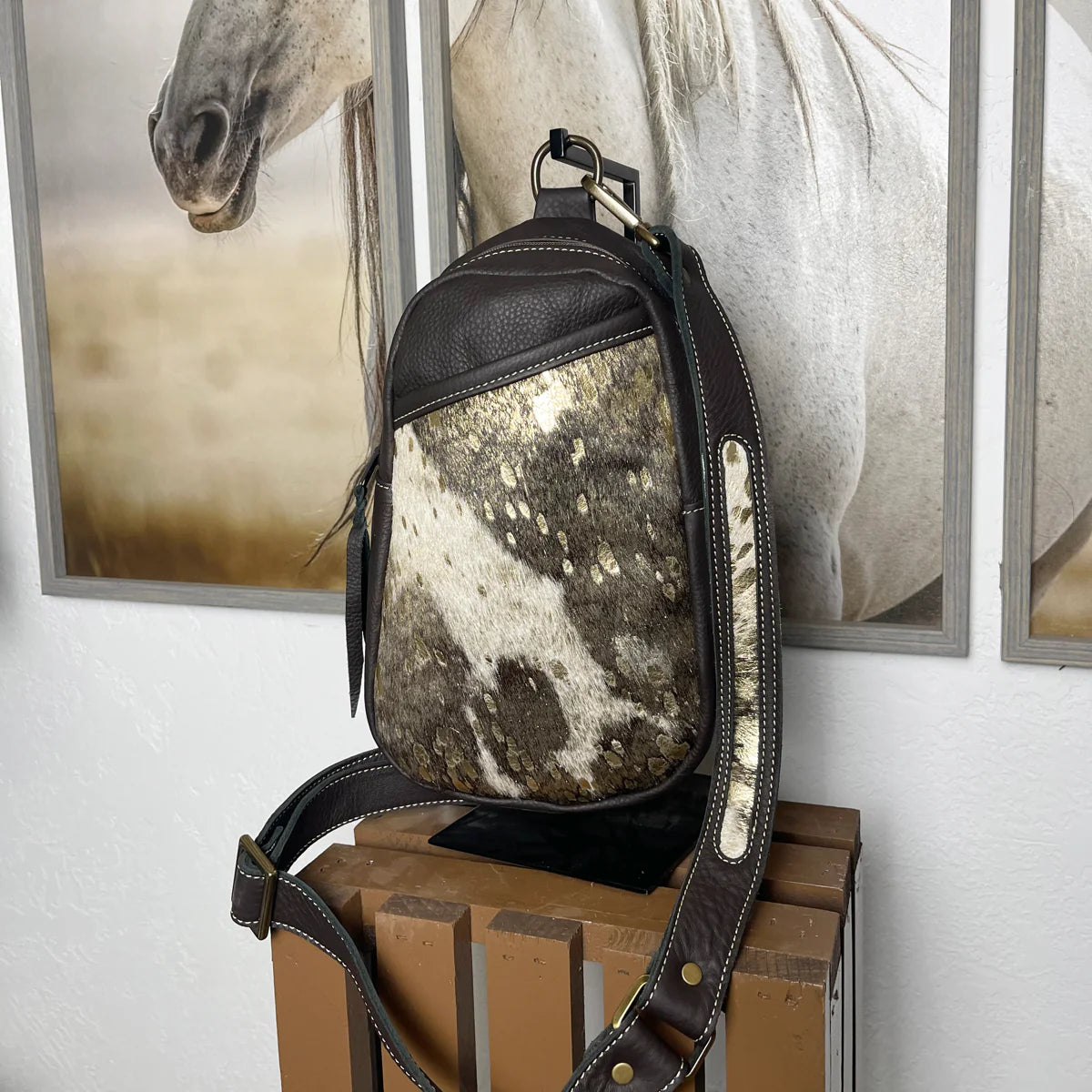 Gold Acid Wash Hair on Hide Sling Bag/Cross Body Purse/Handmade Leather Bag MM 041