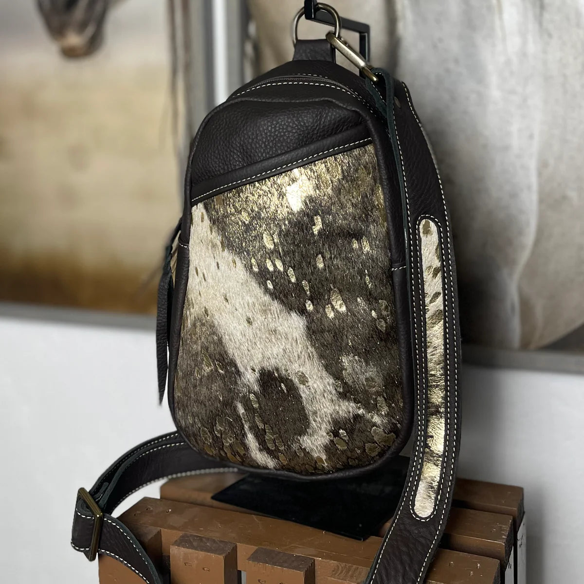 black leather backpack gold cross Gold Acid Wash Hair on Hide Sling Bag/Cross Body Purse/Handmade Leather Bag mm 041