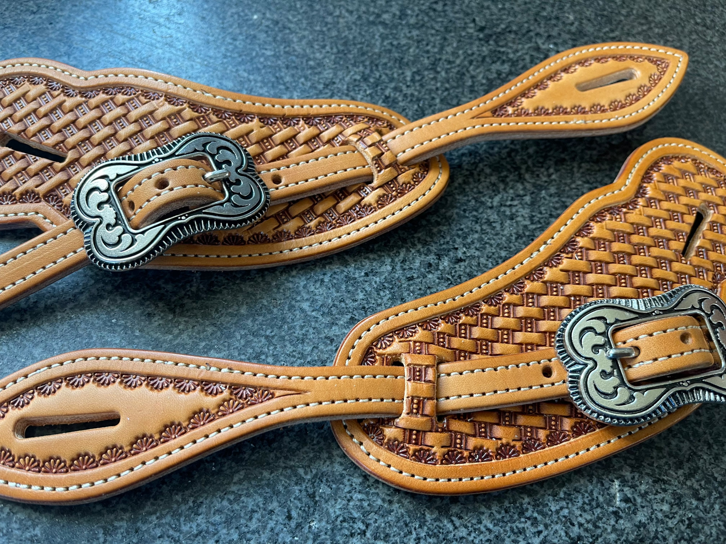 Basket Stamped Large Bib Style Spur Straps Ready to Ship