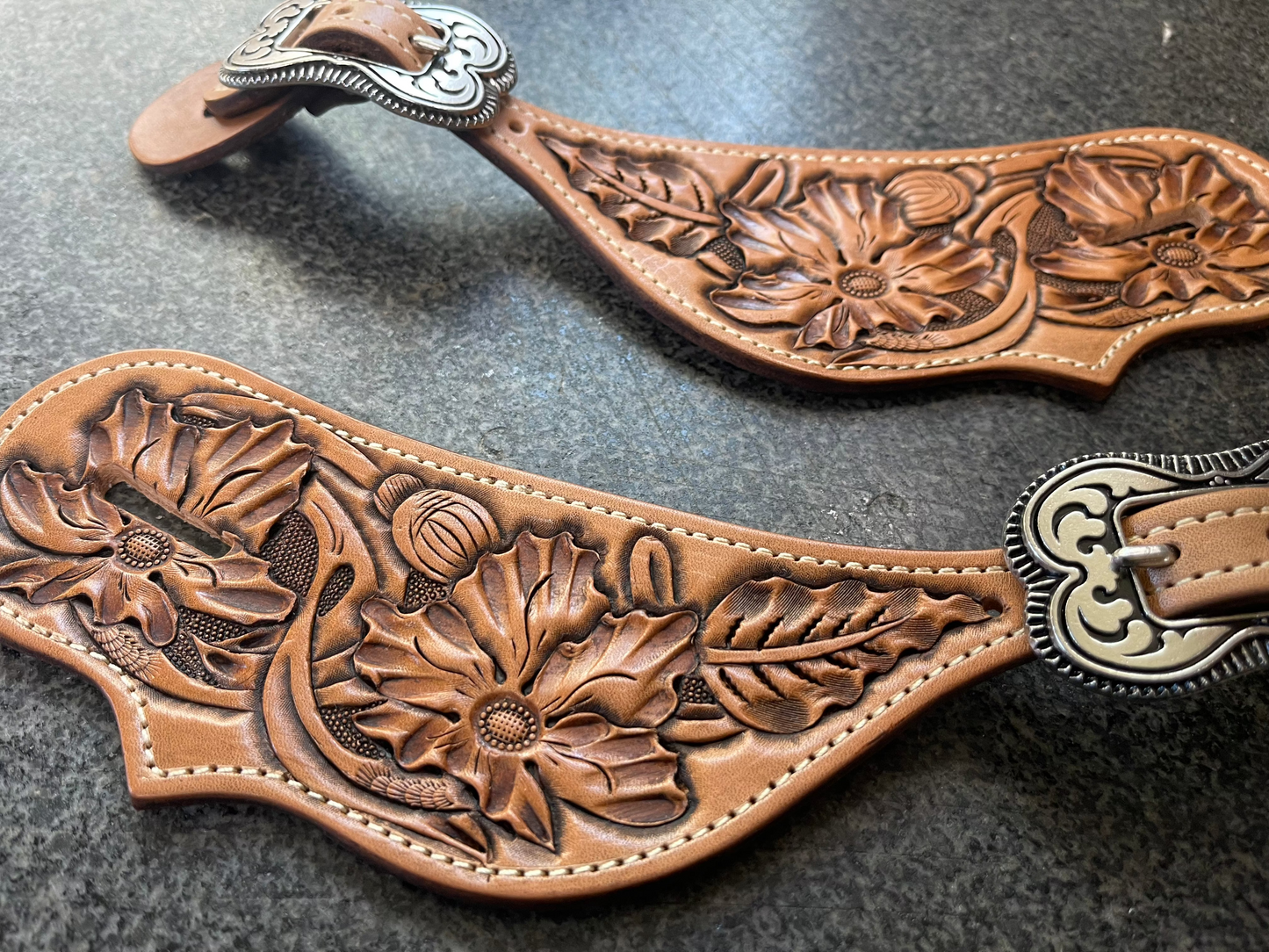 Flower Carved Tear Drop Spur Straps - Ready to Ship