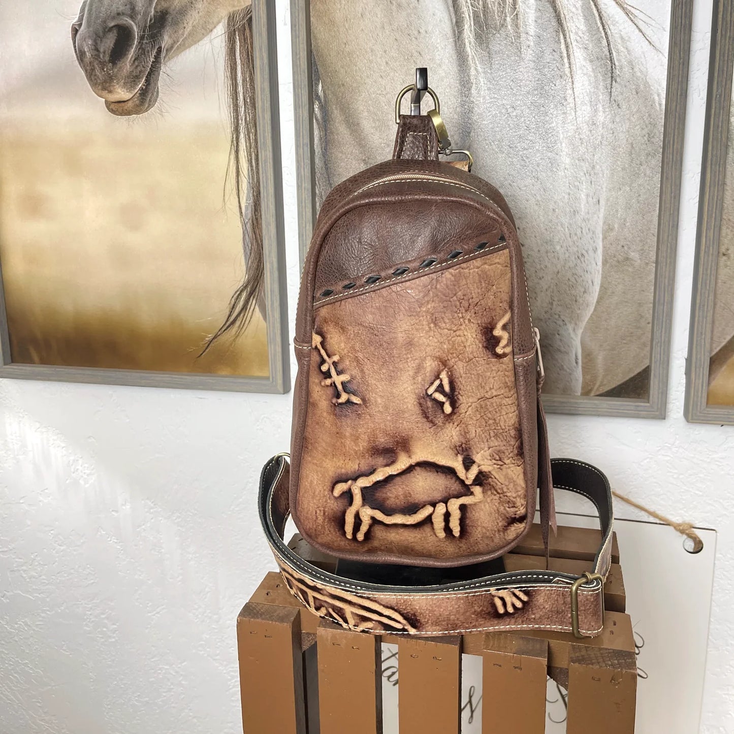 Cave Art Embossed Sling Bag/Cross Body Purse/Handmade Leather Bag MM 037