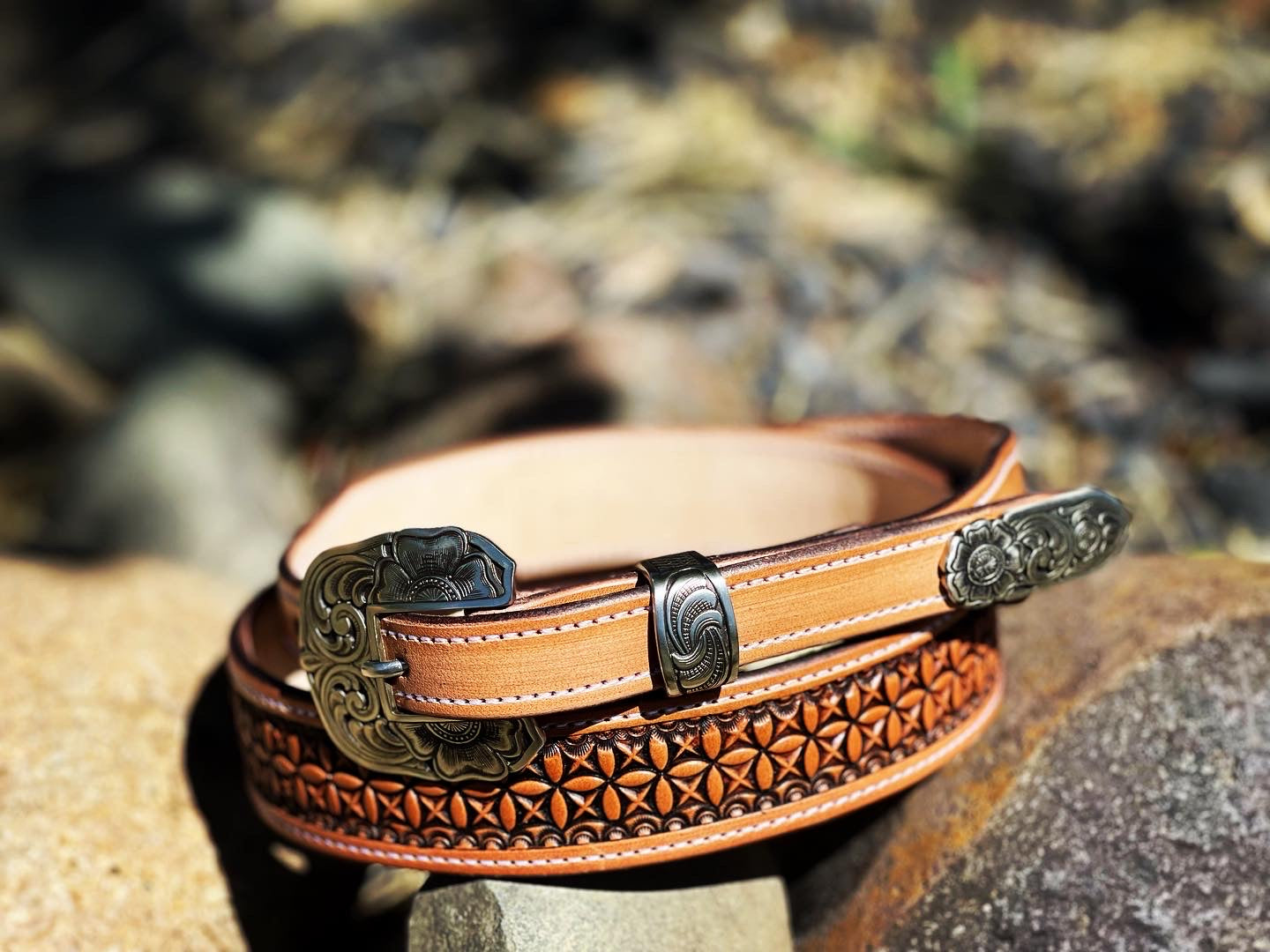 Partial Flower Carved/Geometric Stamped Belt - Ready to Ship