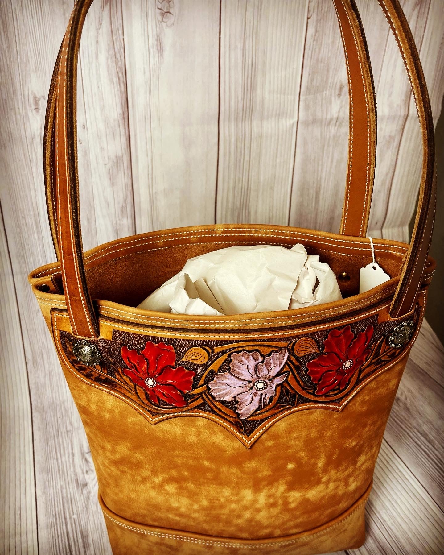 Hand Painted, Flower Carved Panel Tote Bag