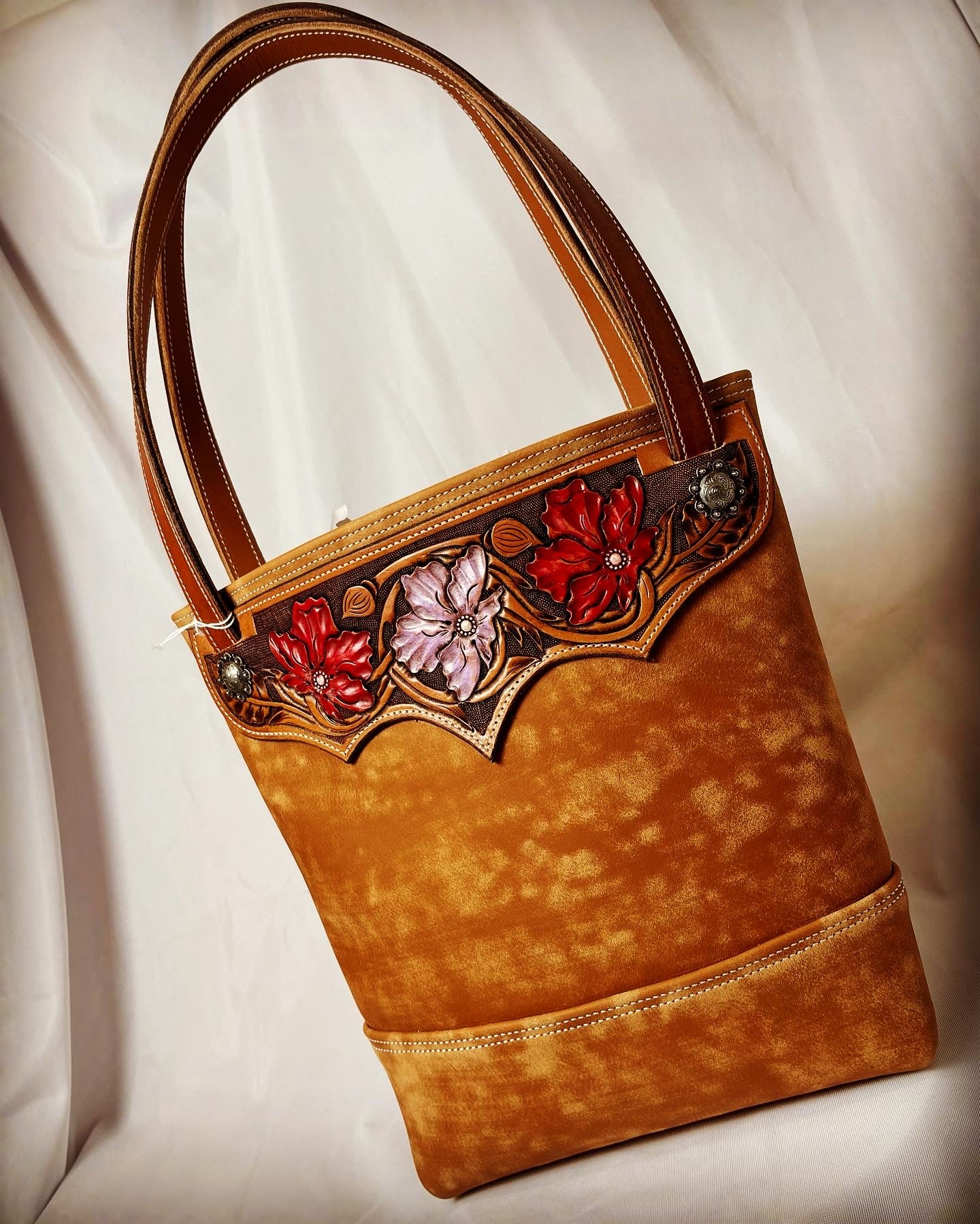 Hand Painted, Flower Carved Panel Tote Bag