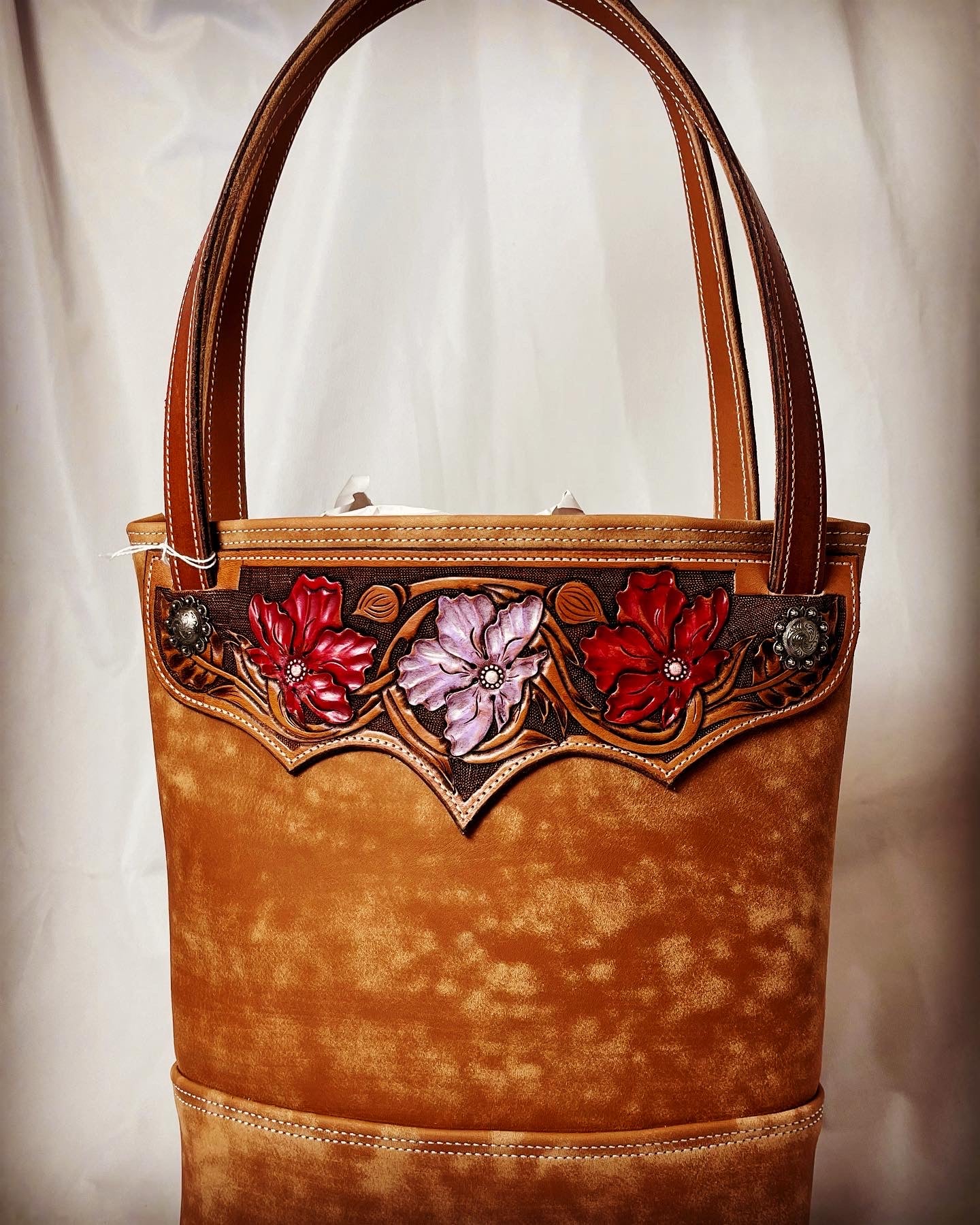 Hand Painted, Flower Carved Panel Tote Bag