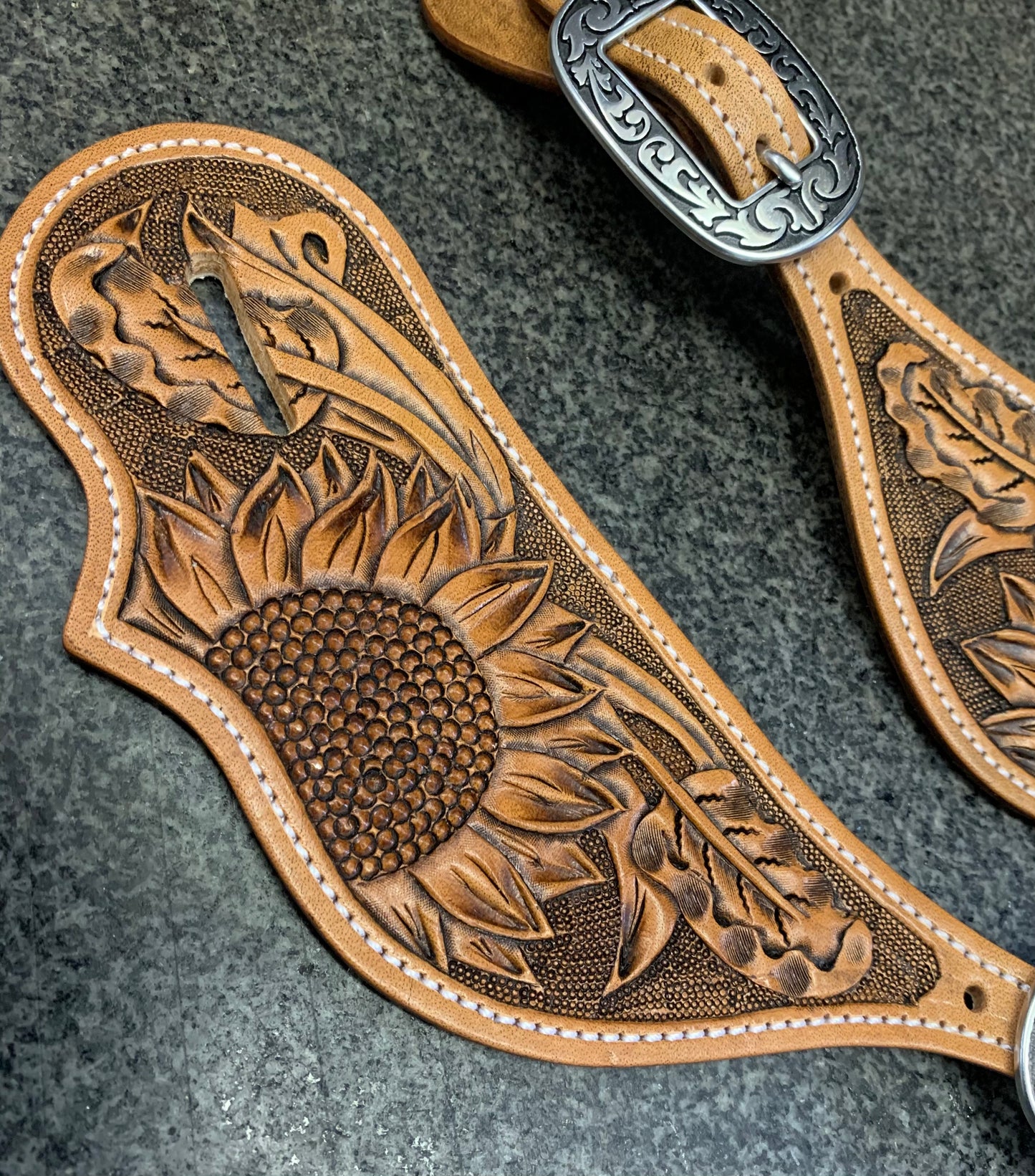 Sunflower Tear Drop Spur Straps Antiqued Finish - Made to Order