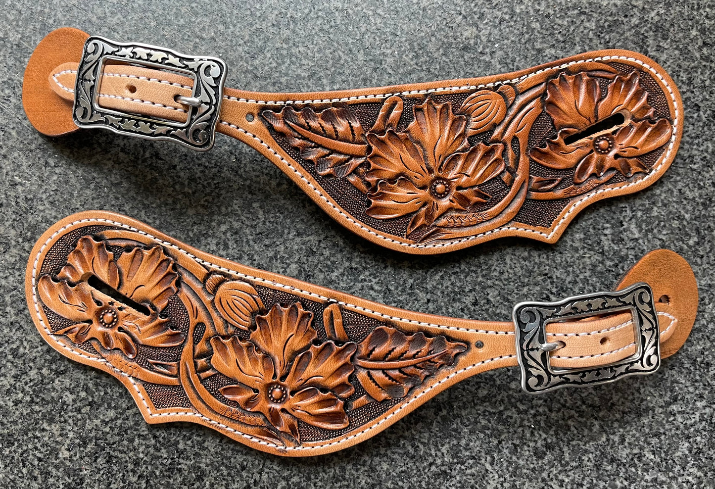 Antiqued Flower Carved Spur Straps Made to Order
