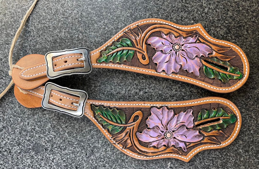 Hand Painted Lilac Wild Rose Tear Drop Spur Straps - Ready to Ship