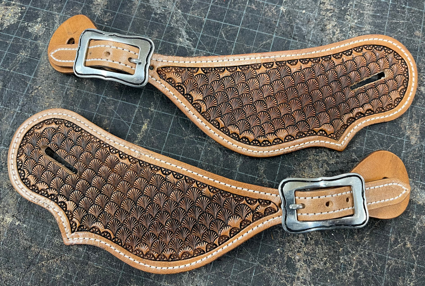 Dragon Scale Stamped Tear Drop Spur Straps - Ready to Ship