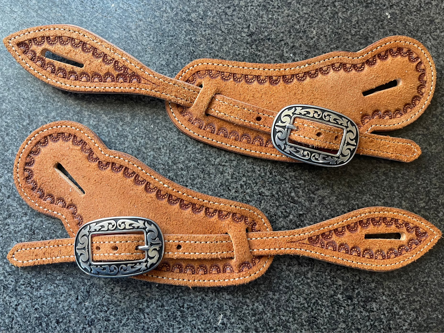 Border Stamped Roughout Large Bib Style Spur Straps Ready to Ship