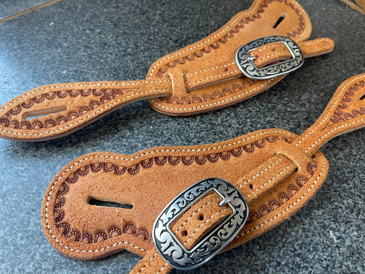 Border Stamped Roughout Large Bib Style Spur Straps Ready to Ship