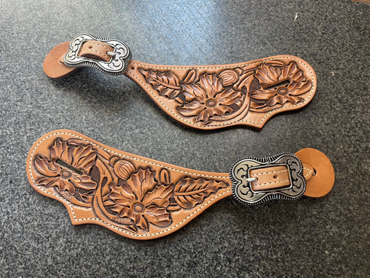Flower Carved Tear Drop Spur Straps - Ready to Ship