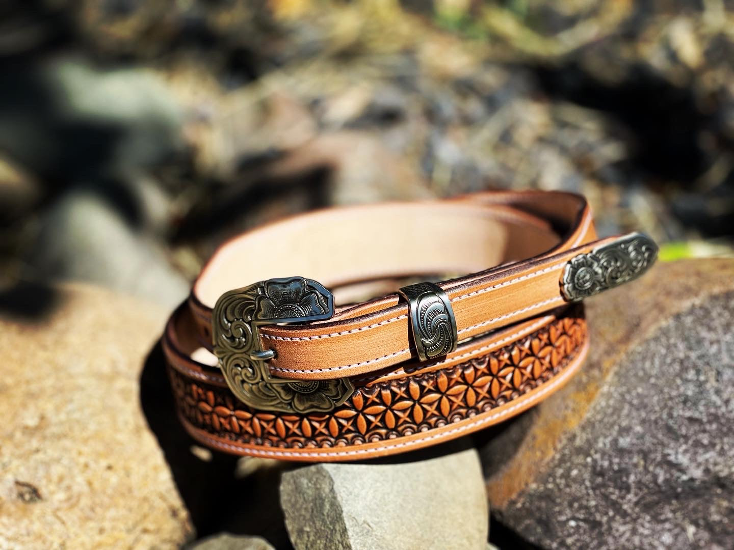 Partial Flower Carved/Geometric Stamped Belt - Ready to Ship