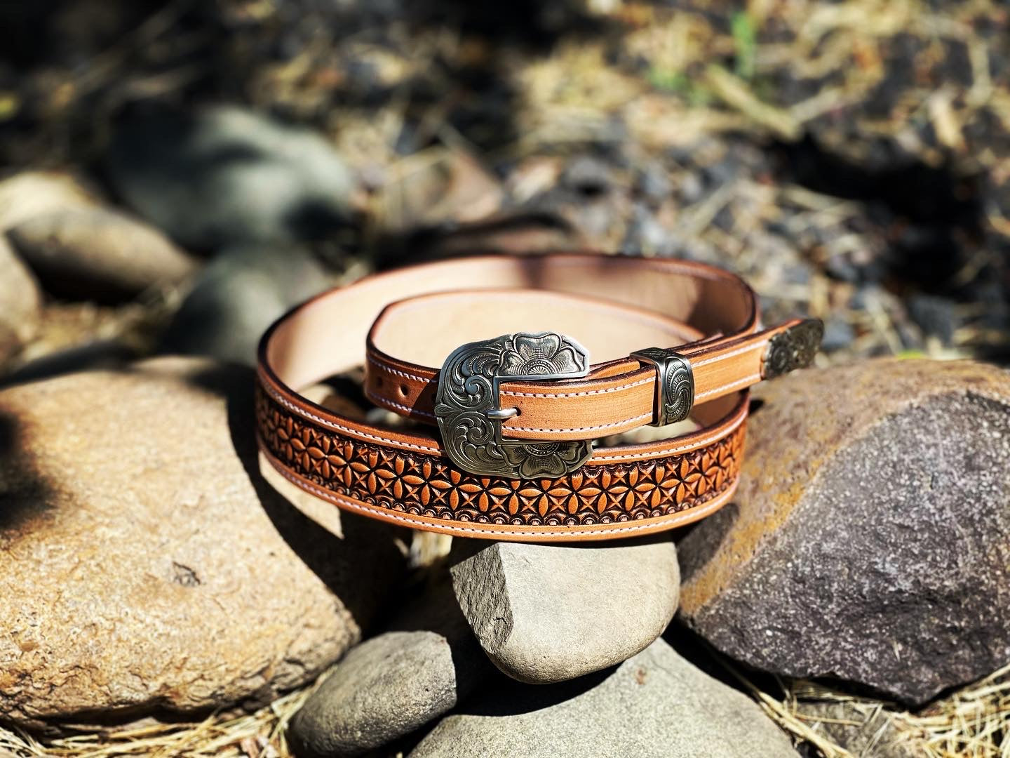 Partial Flower Carved/Geometric Stamped Belt - Ready to Ship