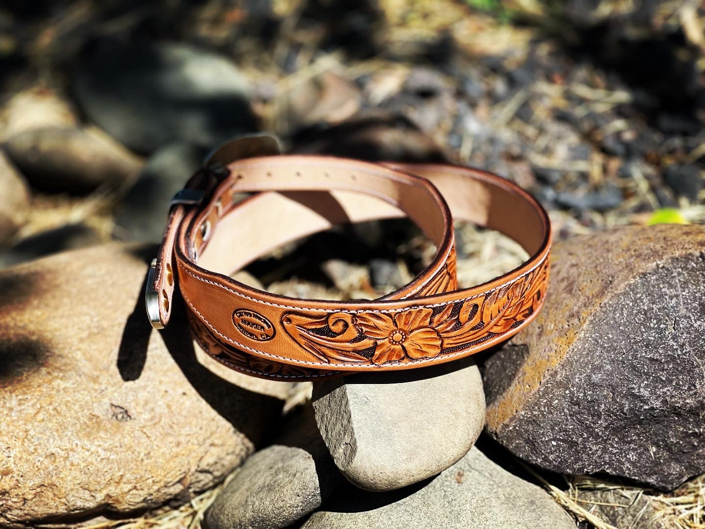 Partial Flower Carved/Geometric Stamped Belt - Ready to Ship