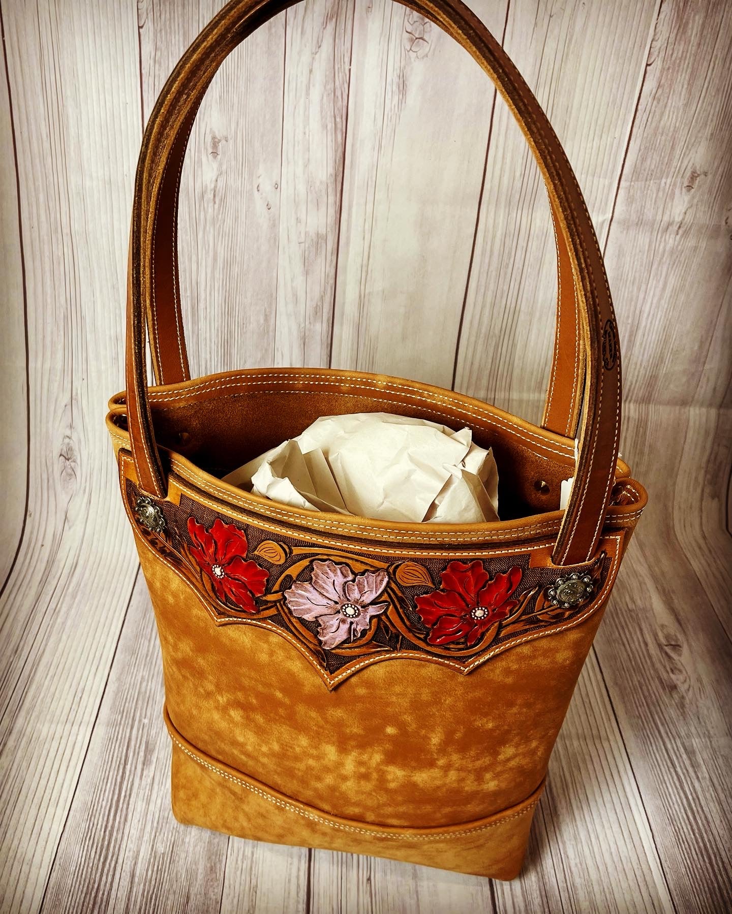 Hand Painted, Flower Carved Panel Tote Bag