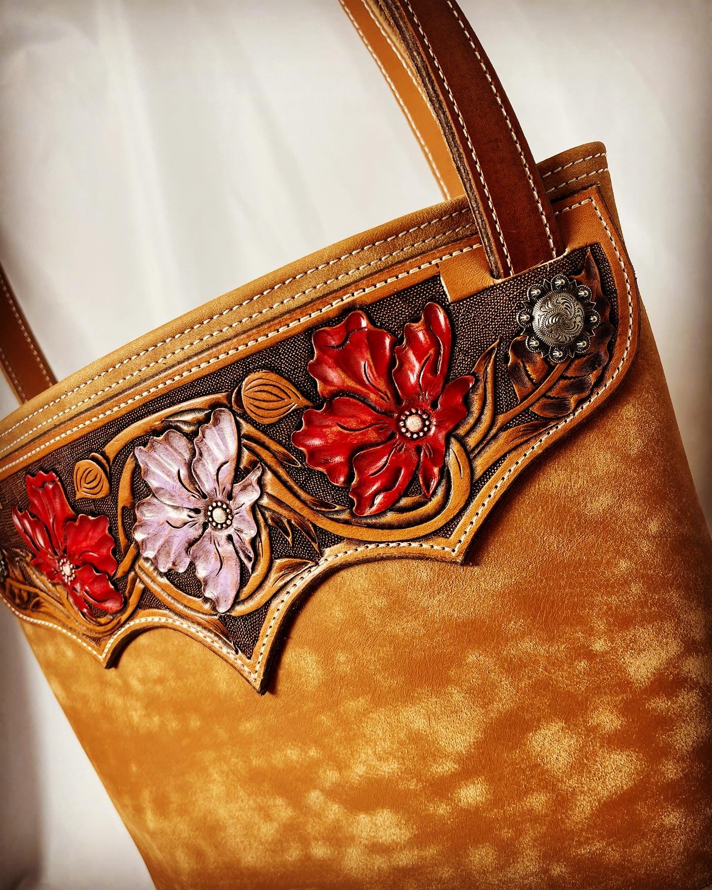 Hand Painted, Flower Carved Panel Tote Bag