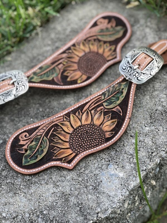 Sunflower Hand Painted Tear Drop Spur Straps - Made to Order