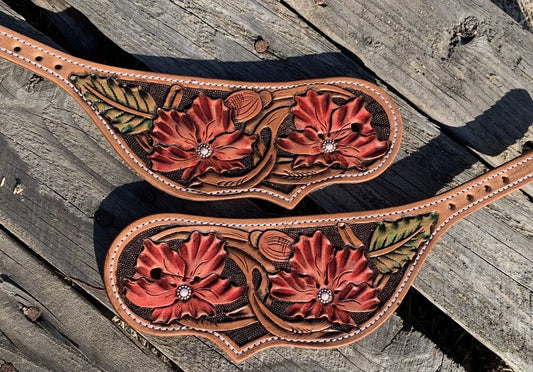 Wilde Rose Flower Carved Hand Painted Spur Straps Made to Order