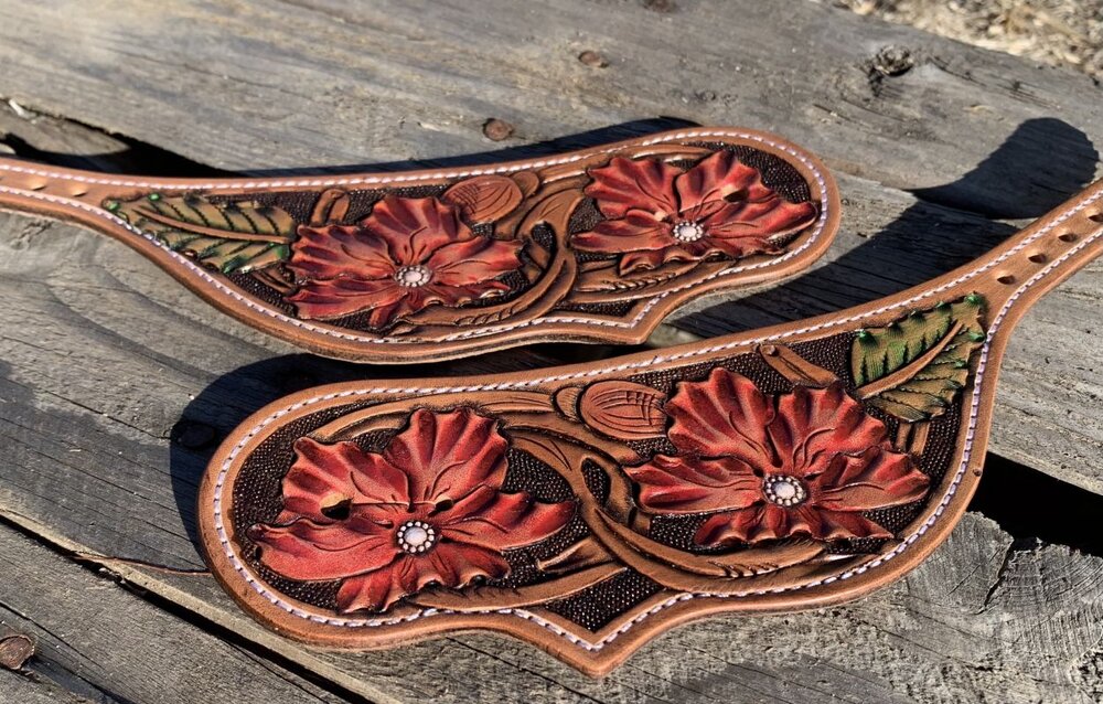 Wilde Rose Flower Carved Hand Painted Spur Straps Made to Order