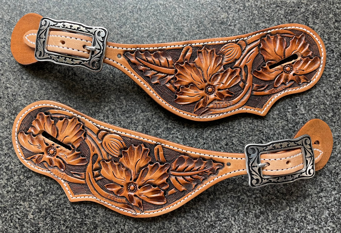 Antiqued Flower Carved Spur Straps Made to Order